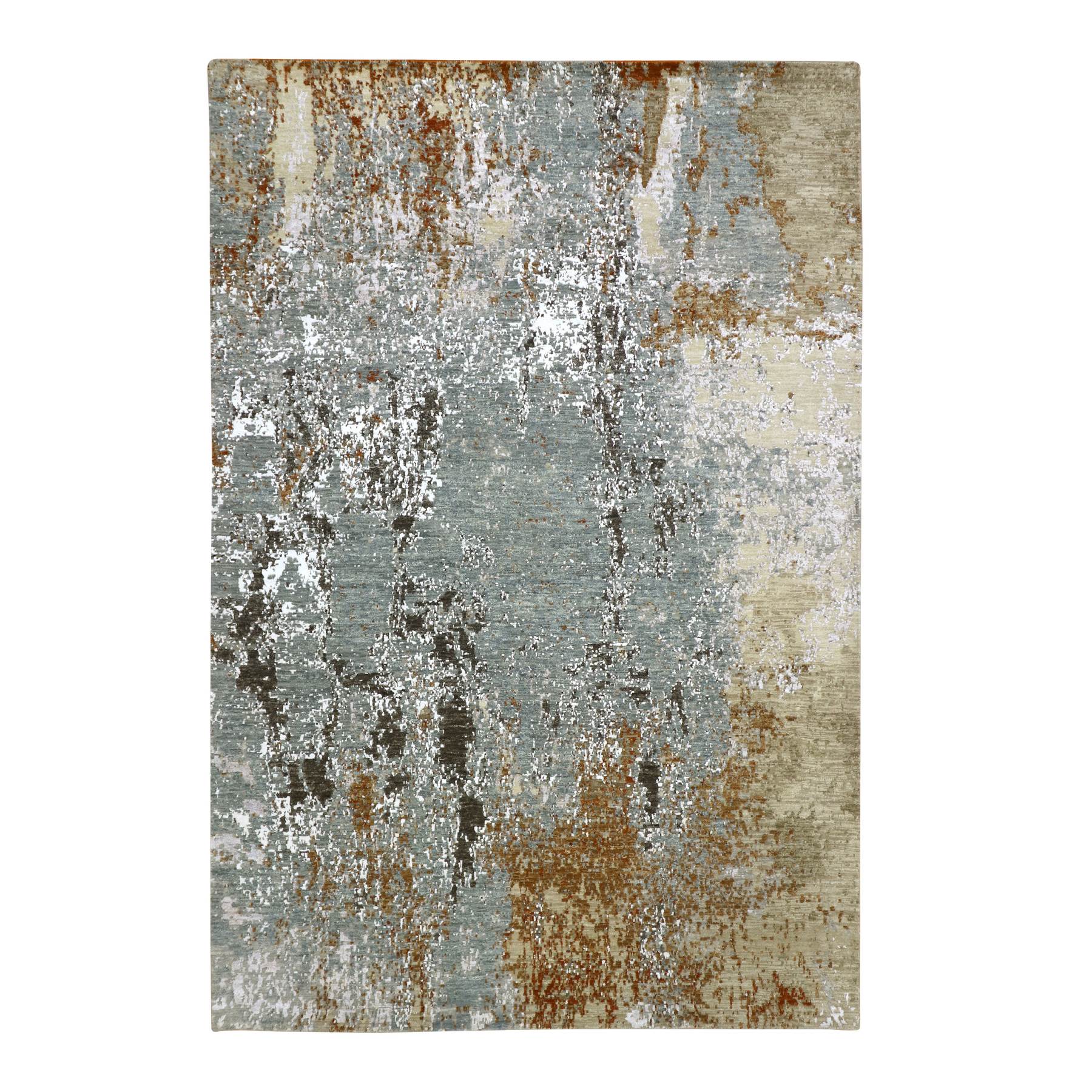 Misty Gray with Brown, Persian Knot, Abstract with Galaxy Design, 100% Wool, Hand Knotted, Densely Woven, Oriental Rug